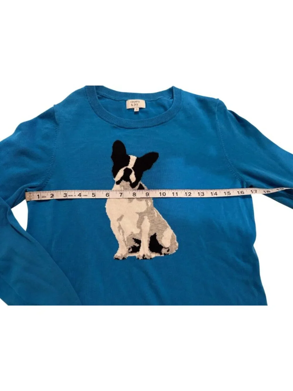 Crown & Ivy Womens Blue Sweater French Bulldog Design Small Crewneck Cotton - Picture 5 of 6